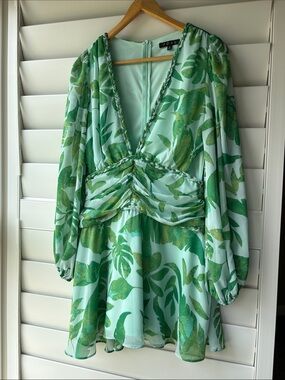 Forever New Green Leaf-Print V-Neck Mini Dress